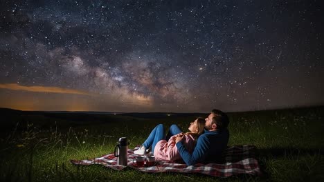 romantic stargazing under the milky way: a couple enjoying a serene night ignited by the beauty of the cosmos surrounded by nature's splendor