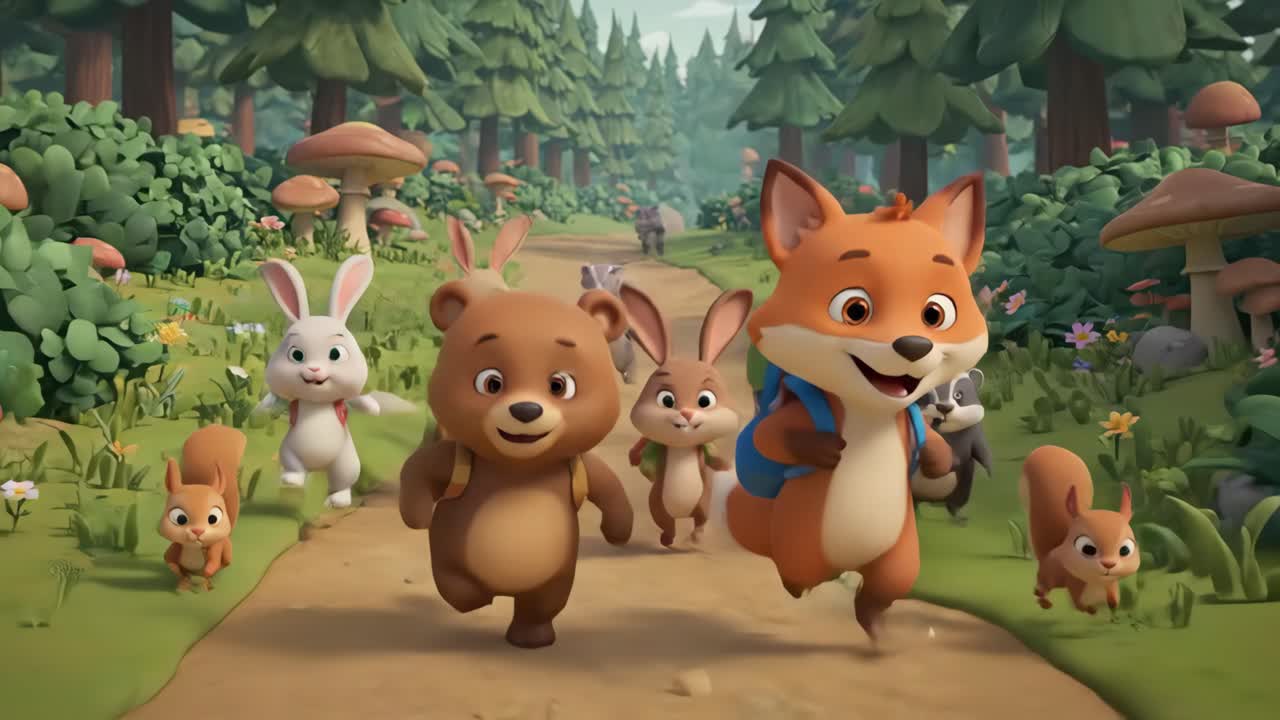 Happy Animated Forest Animals Walking Together on a Forest Path ...