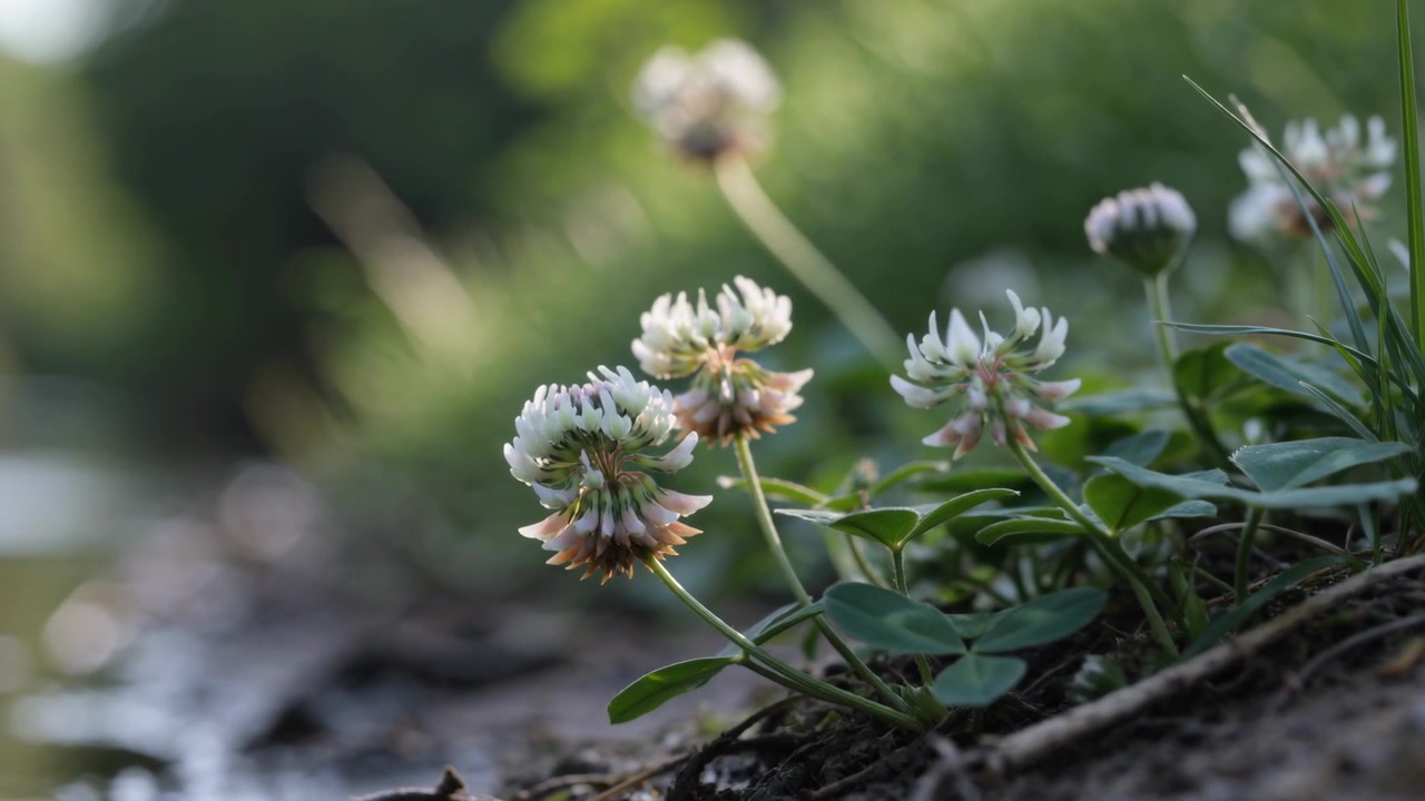Kamera med fokusendring som fremhever hvit- og rosafargede kløverblomster ved elvebredden, med bris som beveger kronbladene.