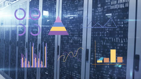 Animation-of-statistical-data-processing-and-light-spot-against-computer-server-room