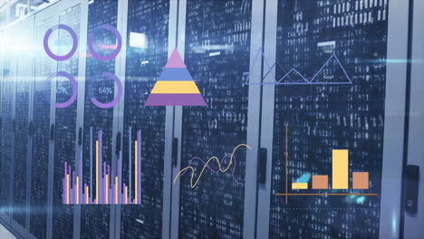 Animation of statistical data processing and light spot against computer server room