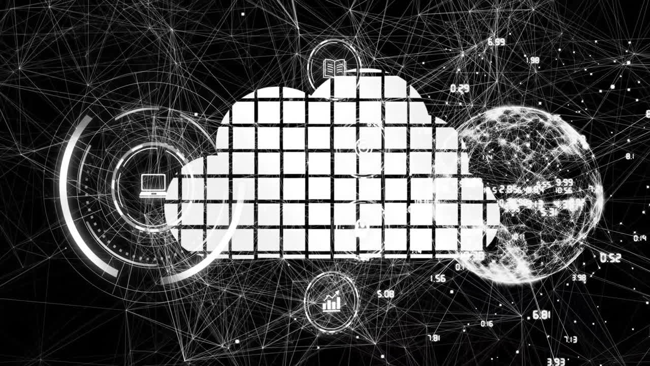 클라우드 컴퓨팅 및 디지털 연결 및 이진 코드를 통해 데이터 네트워크 애니메이션