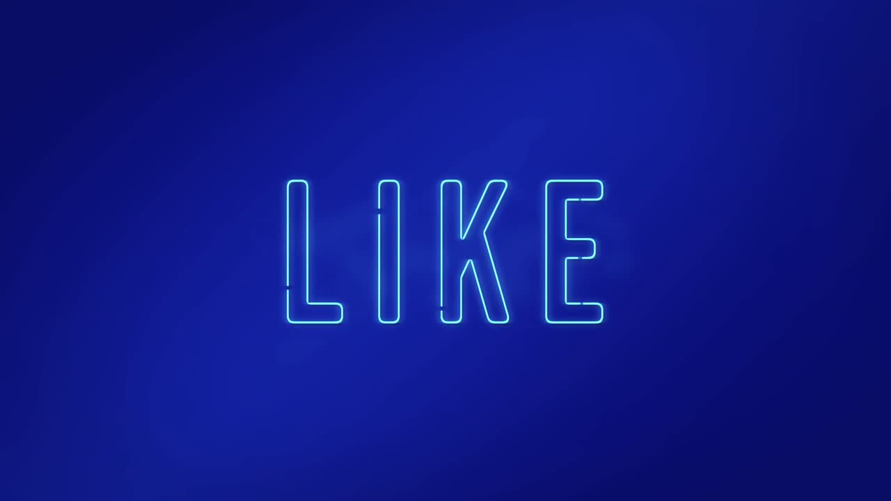 Animação de banner de texto em néon em fundo gradiente azul.
