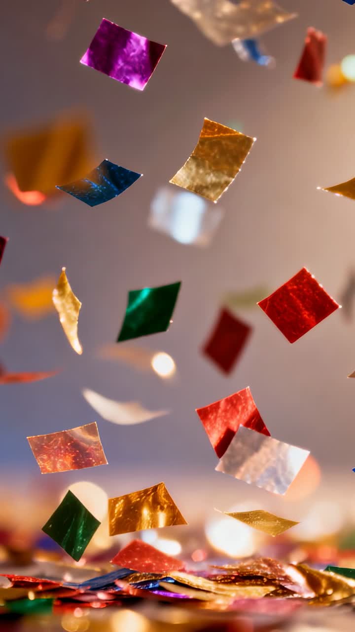 Video verticale: quadrati di coriandoli di carta stagnola che cadono in sequenza, la gravità li trascina giù, formando una pila con effetto bokeh.