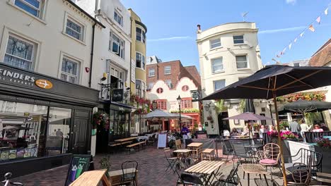 outdoor cafe and shops on a sunny day