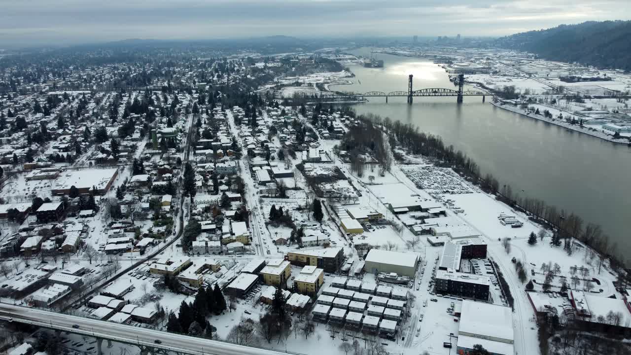 US, Oregon, Portland, St Johns, 2025-02-14 - Drone view of St Johns outside of Portland in the snow