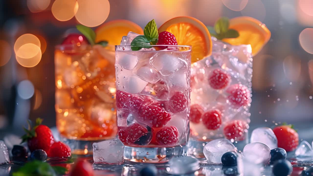 Vibrant Berry Cocktails with Ice and Fruit Garnish