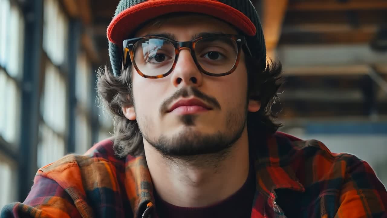 un hombre con un sombrero rojo y gafas sentado en una mesa