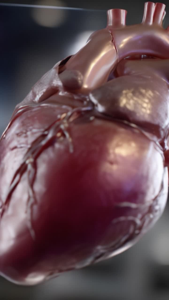 Un modelo 3D detallado del corazón humano que muestra su estructura anatómica, incluyendo válvulas, arterias y venas, con fines educativos y científicos