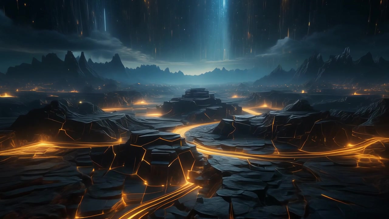 Surreal Alien Landscape with Glowing Lava Rivers and Falling Light Particles