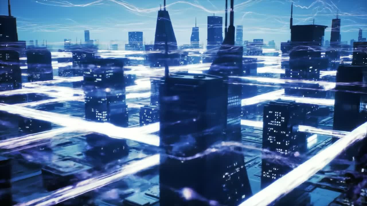 Futuristic Urban Landscape with Neon Lights and Digital Patterns Depicting a High-Tech Cityscape Interwoven with Energy Flow