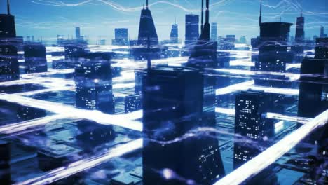futuristic urban landscape with neon lights and digital patterns depicting a high-tech cityscape interwoven with energy flow