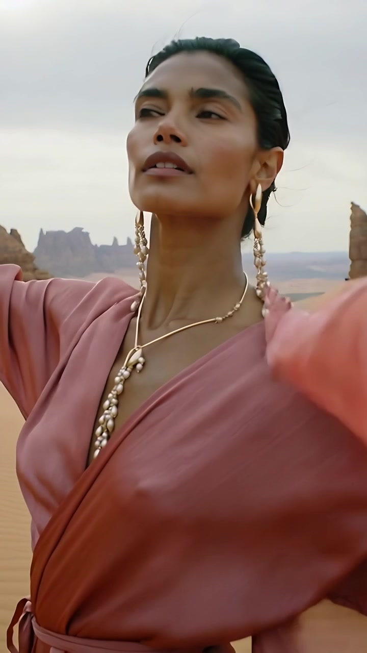 Video verticale: Telecamera che si allontana, modella che posa girandosi tra le dune per mostrare un vestito rosa e gioielli d'oro.