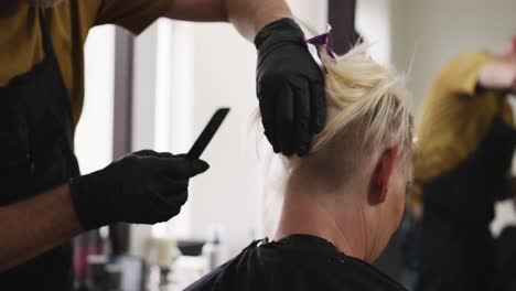 rear view woman having her hair styled by a hairdresser