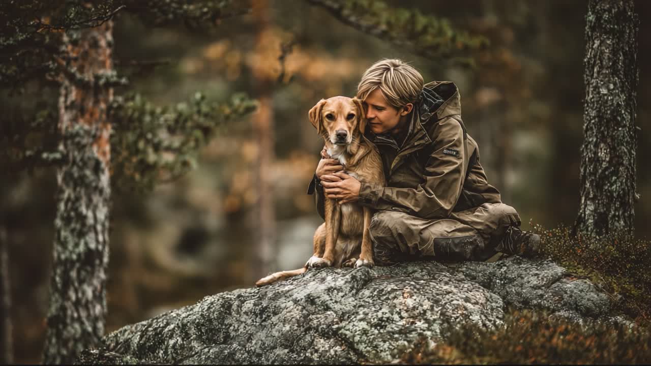 A Heartwarming Moment Between a Person and Their Loyal Dog on a Tranquil Rocky Outcrop Surrounded by Nature's Beauty