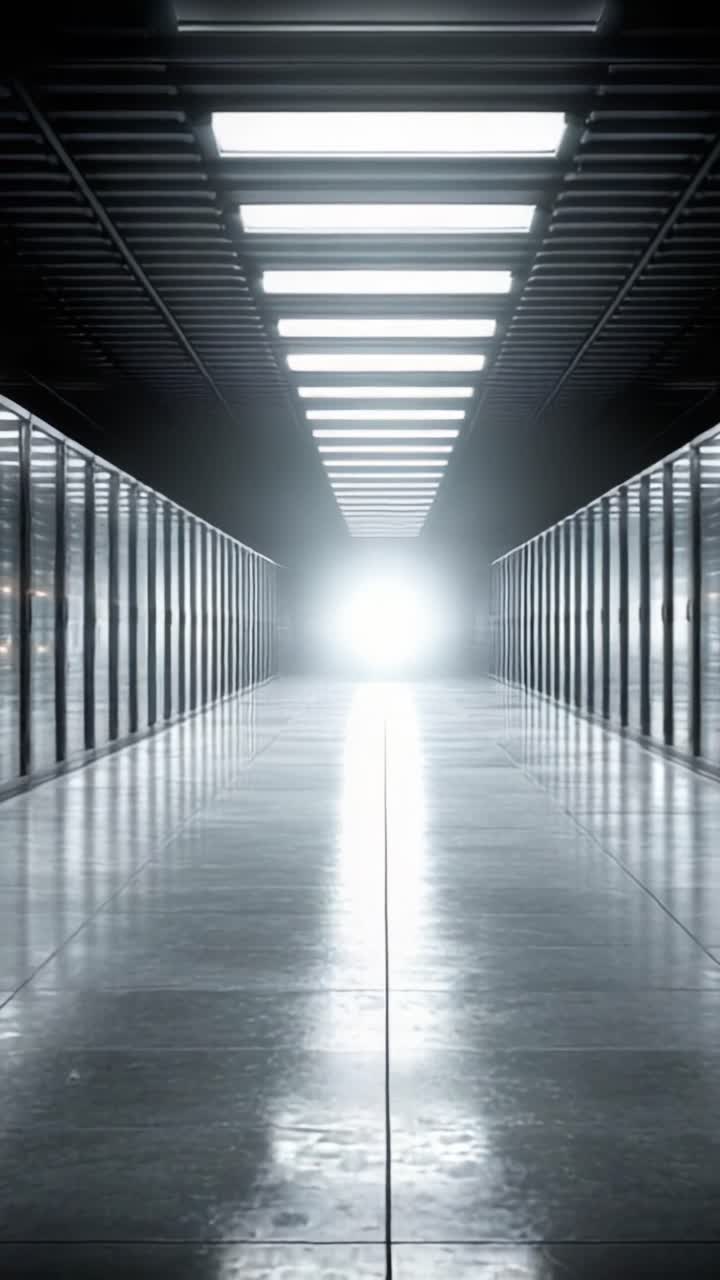 Uno sguardo a un corridoio futuristico illuminato da luce intensa con superfici riflettenti che creano un senso di profondità e mistero in uno spazio architettonico moderno.