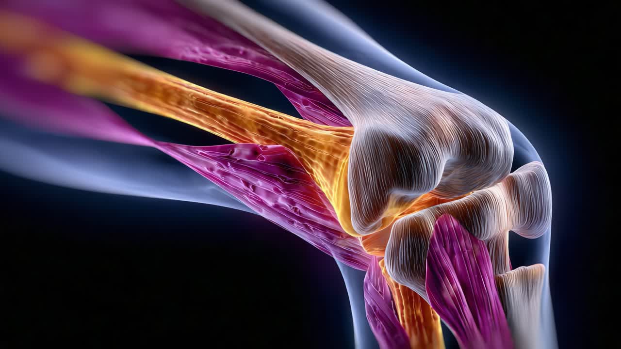 Anatomical Representation of the Human Knee Joint: Muscles, Tendons, and Ligaments Illustrated in Vibrant Color for Educational and Medical Analysis