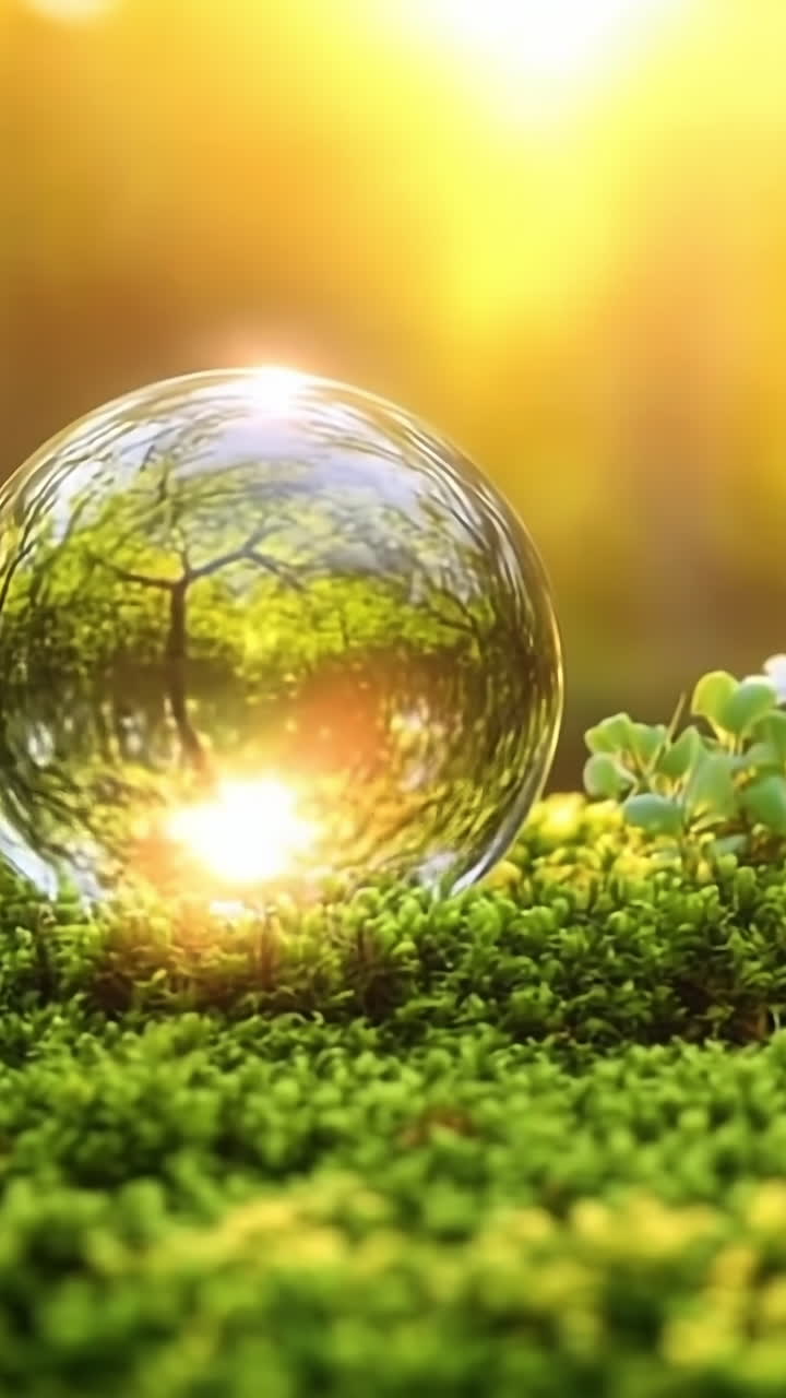 Shiny orb in a lush forest. A glass sphere reflects sunlight among green moss and delicate white flowers in a serene forest setting.