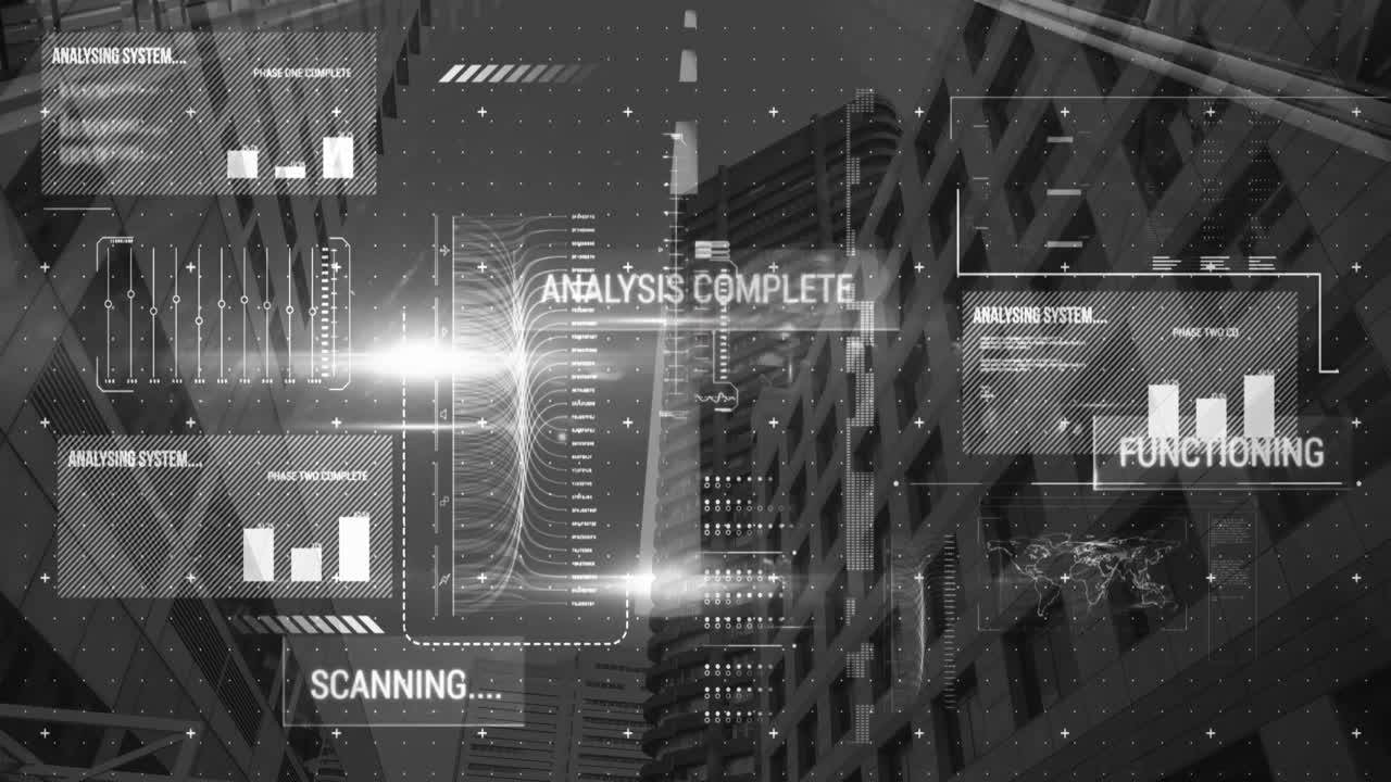 Animation of interface with data processing and light spot against low angle view of tall building