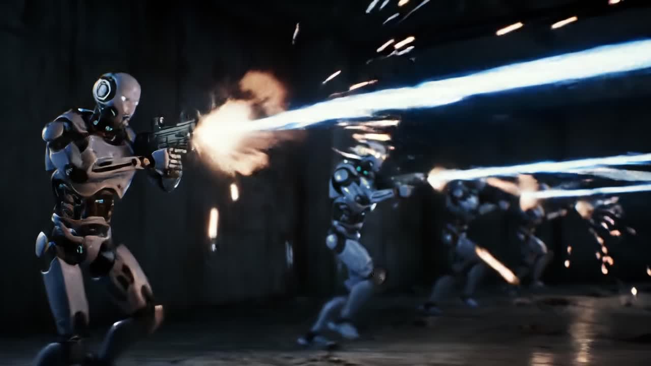 An Intense Battle Unfolds as Advanced Robots Engage in High-Stakes Combat with Futuristic Weapons and Energetic Projectiles in a Dark, Gritty Environment