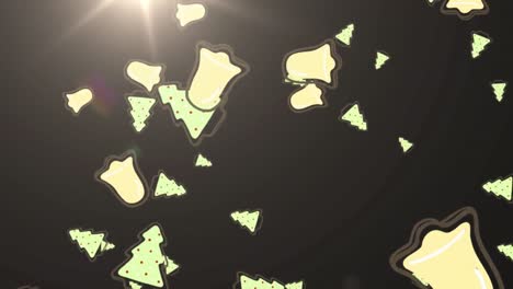 Animation-Von-Weihnachtsbäumen,-Glocken-Und-Feuerwerk-Auf-Dunklem-Hintergrund