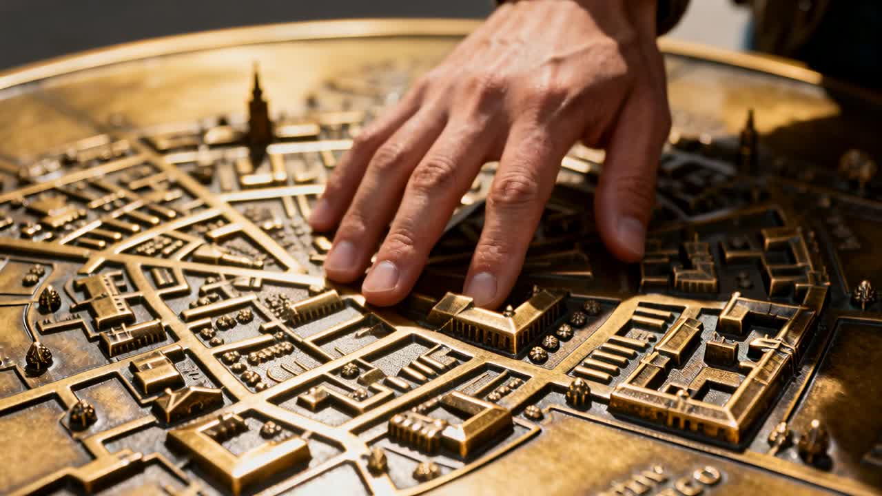 Mano destra che tocca una mappa tattile in bronzo al museo, tracciando le strade per localizzare una guglia.