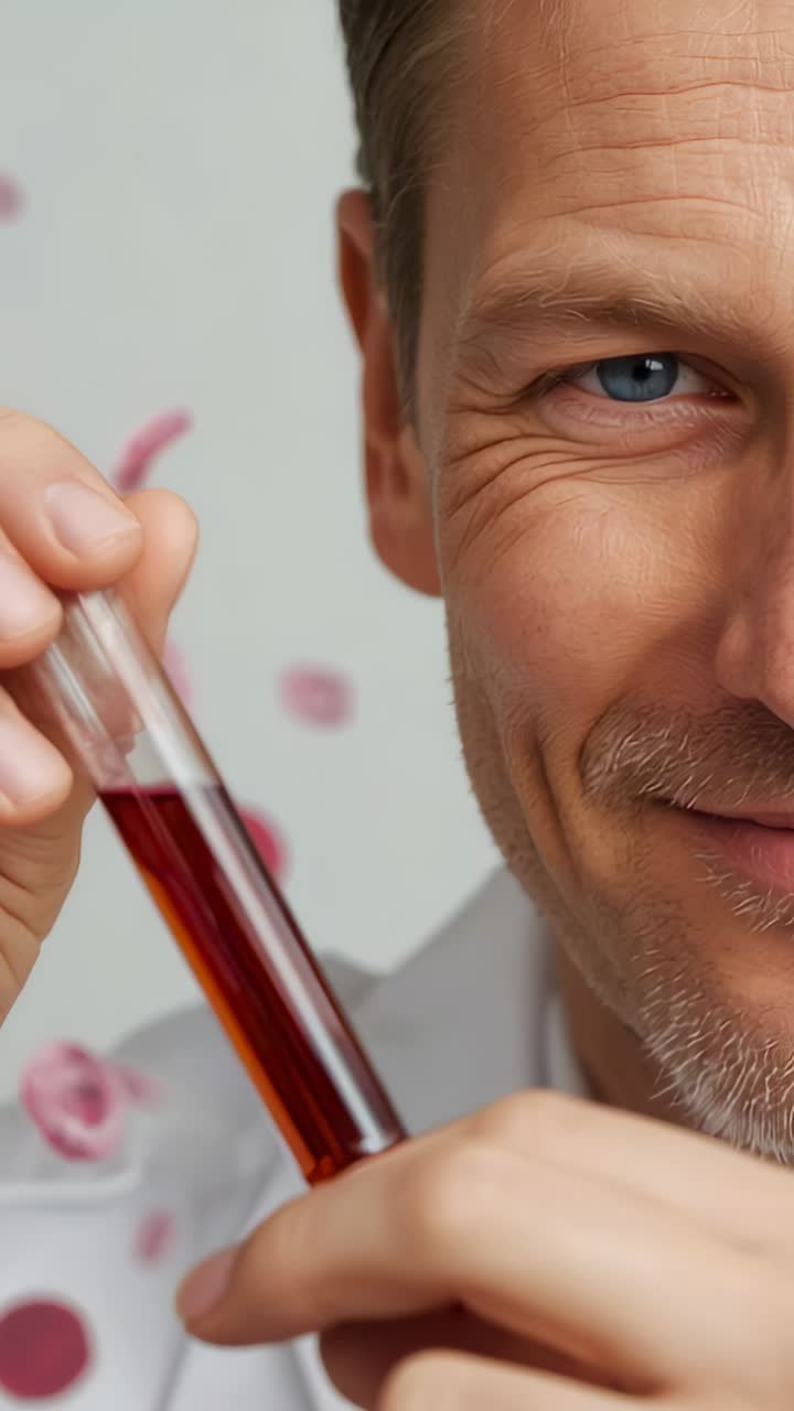 Video verticale: uomo sollevato in camice da laboratorio che ispeziona una provetta in laboratorio, esaminando liquido rosso, punti rossi