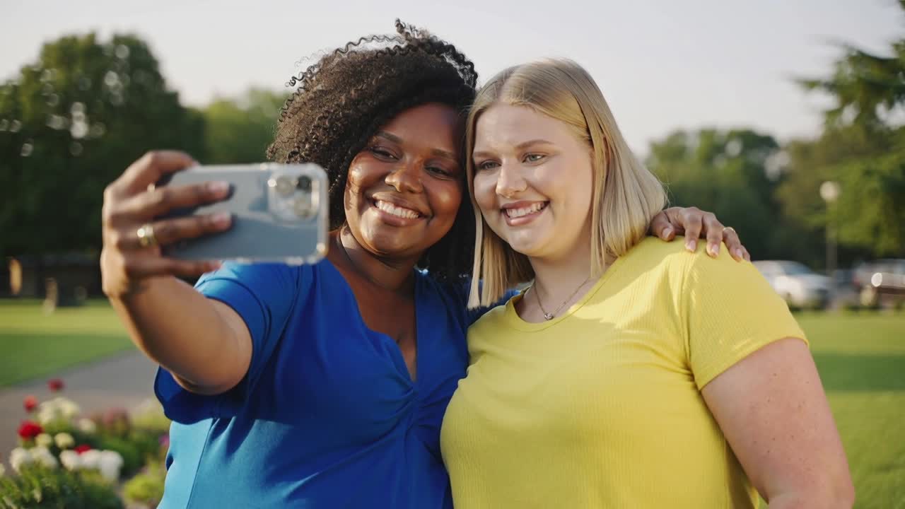 La donna a sinistra estende lo smartphone, due donne posano per un selfie per i social media, con un'aiuola che incornicia la scena.