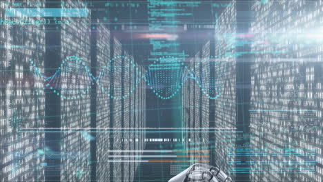 animation of dna strand spinning and data processing with robot's arm over computer servers