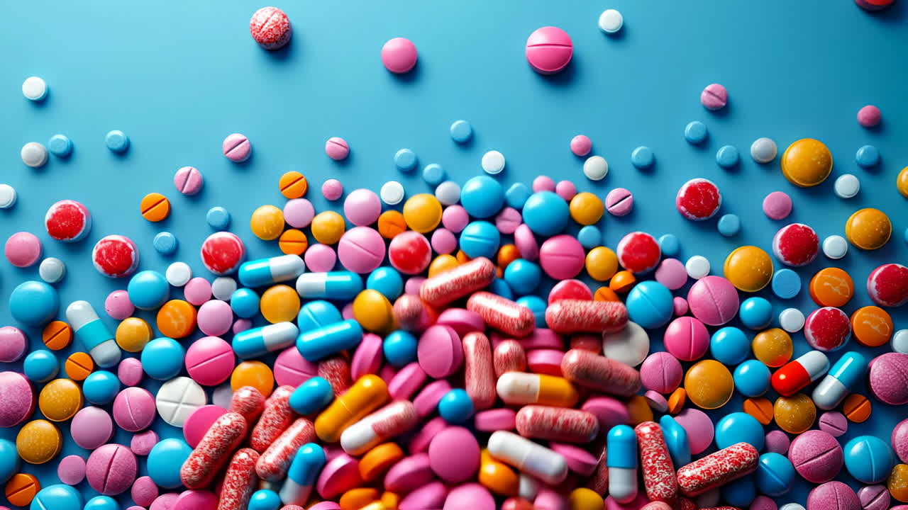 Variety of colorful pills. Brightly colored pills scattered on a blue surface create a vibrant visual display