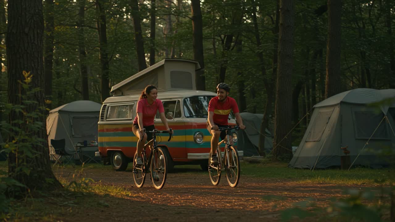 A Serene Camping Scene Featuring Cyclists Riding in Nature Near a Vintage Camper Van in Golden Hour Light, Emphasizing Outdoor Adventures and Tranquility