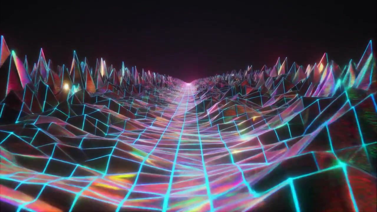 Retro Synthwave Style Digital Landscape with Glowing Grid