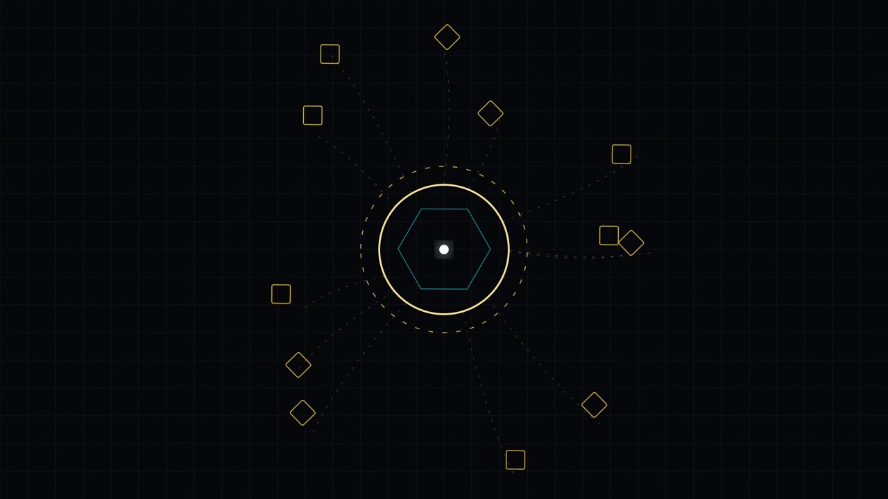 Abstract Motion Graphics Featuring Rotating Hexagon and Floating Geometric Nodes