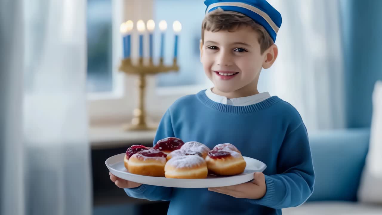 At home during Hanukkah, a jewish boy holding a tray of donuts with strawberry jam