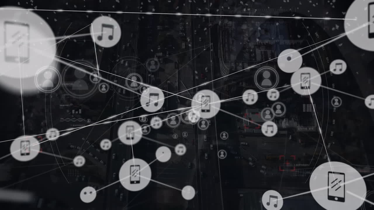 아이콘과 도시 풍경에 대한 범위 스캐닝으로 연결 네트워크의 애니메이션