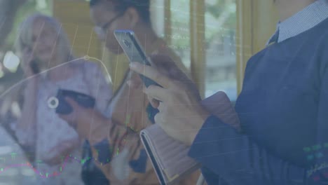 animation of multiple graphs and trading board over biracial woman using cellphone at bus stop