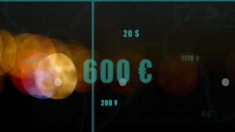 animation of statistical data processing on grid network against spots of light on black background