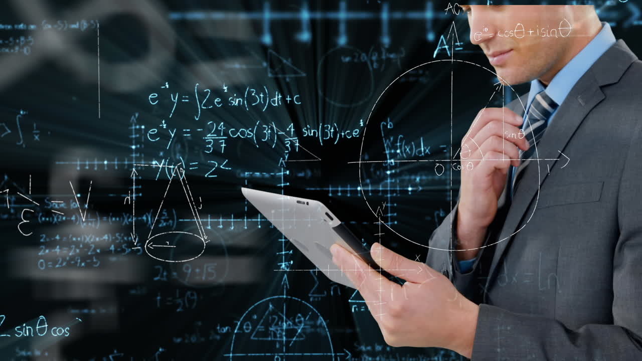 태블릿을 사용하는 사업가에 대한 데이터 처리 및 수학적 방정식의 애니메이션