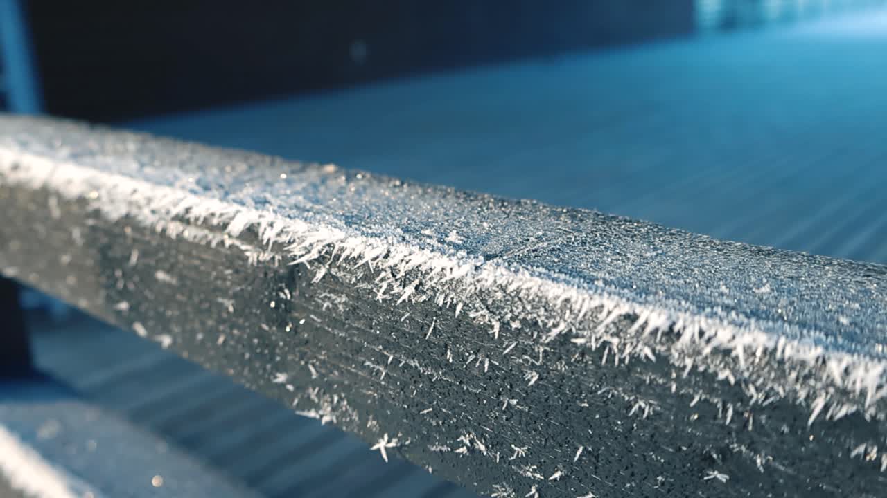 Cinematic close up glide along a wooden terrace handrail covered in sparkling hoar frost and ice crystals during a cold sunny winter morning with shallow depth of field