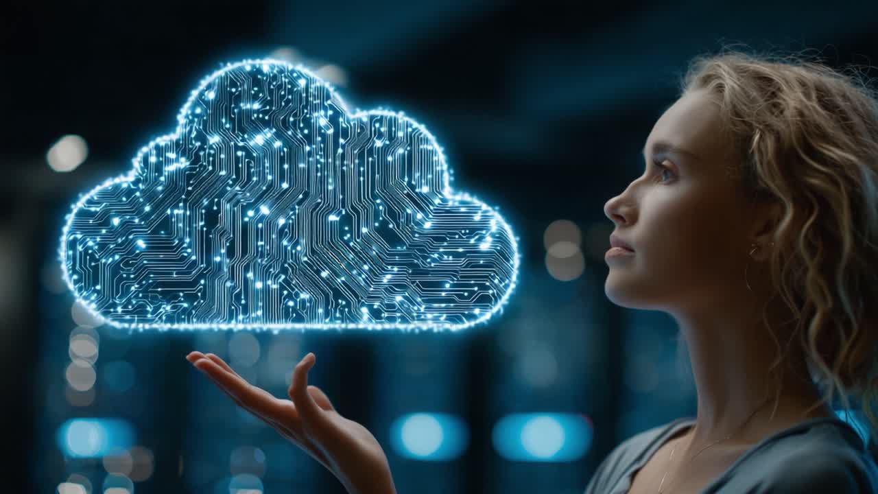 A woman contemplates a glowing digital cloud, symbolizing the intersection of technology and human thought, in a futuristic environment that inspires innovation and creativity