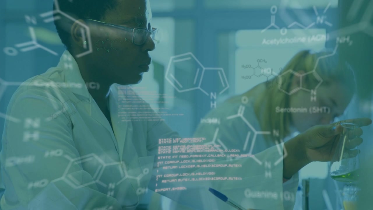 Scientist noting data reaching for flask inspecting green solution molecular overlays tagging flask