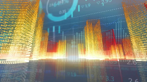 animation of financial data processing and cityscape over dark background