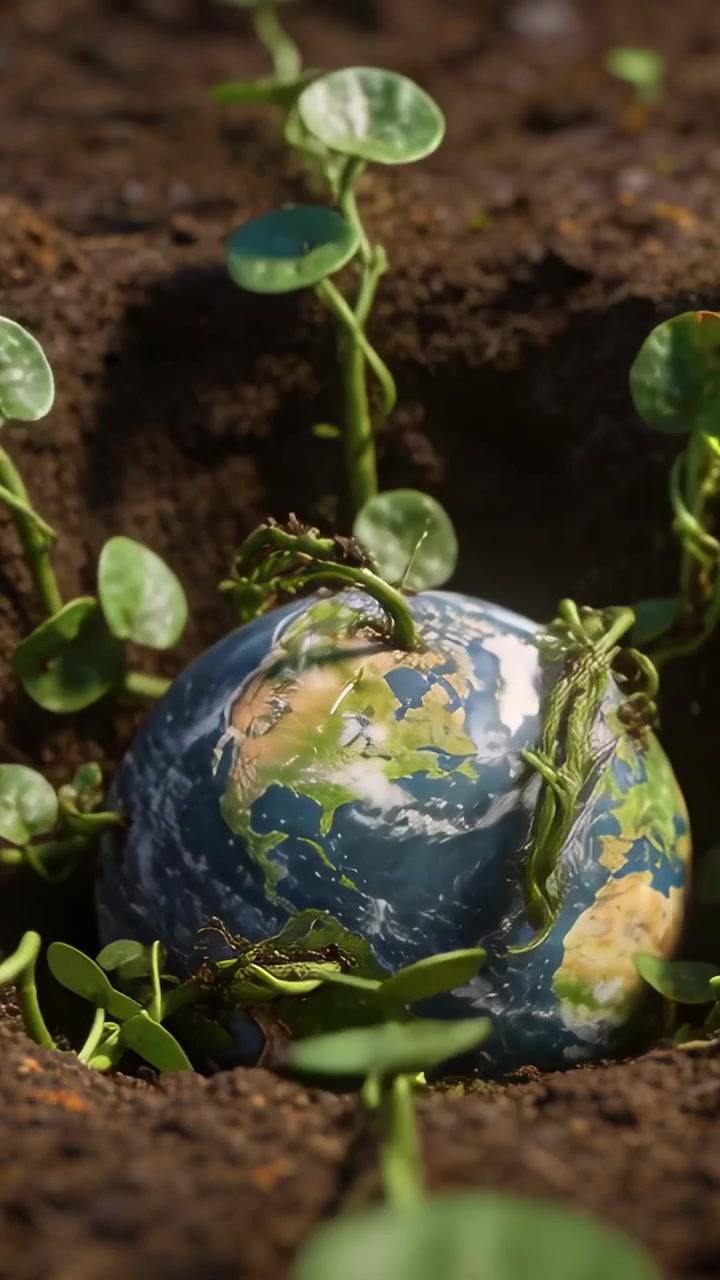 Video vertical: Enredaderas que se tensan tirando de un globo terráqueo hacia una cavidad en el suelo, con zarcillos enroscándose.