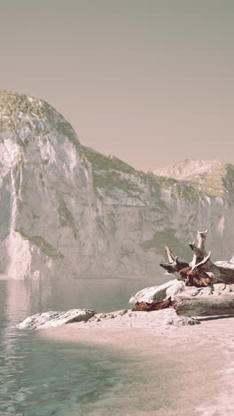 peaceful mountain lake with driftwood