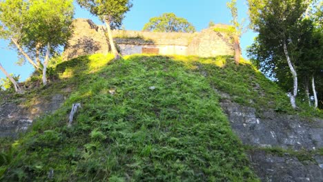 nakum guatemala, old mayan ruin in the jungle, archeological site, rotted pyramids covered by grass