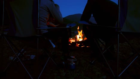 group of hikers roasting marshmallows near campfire 4k