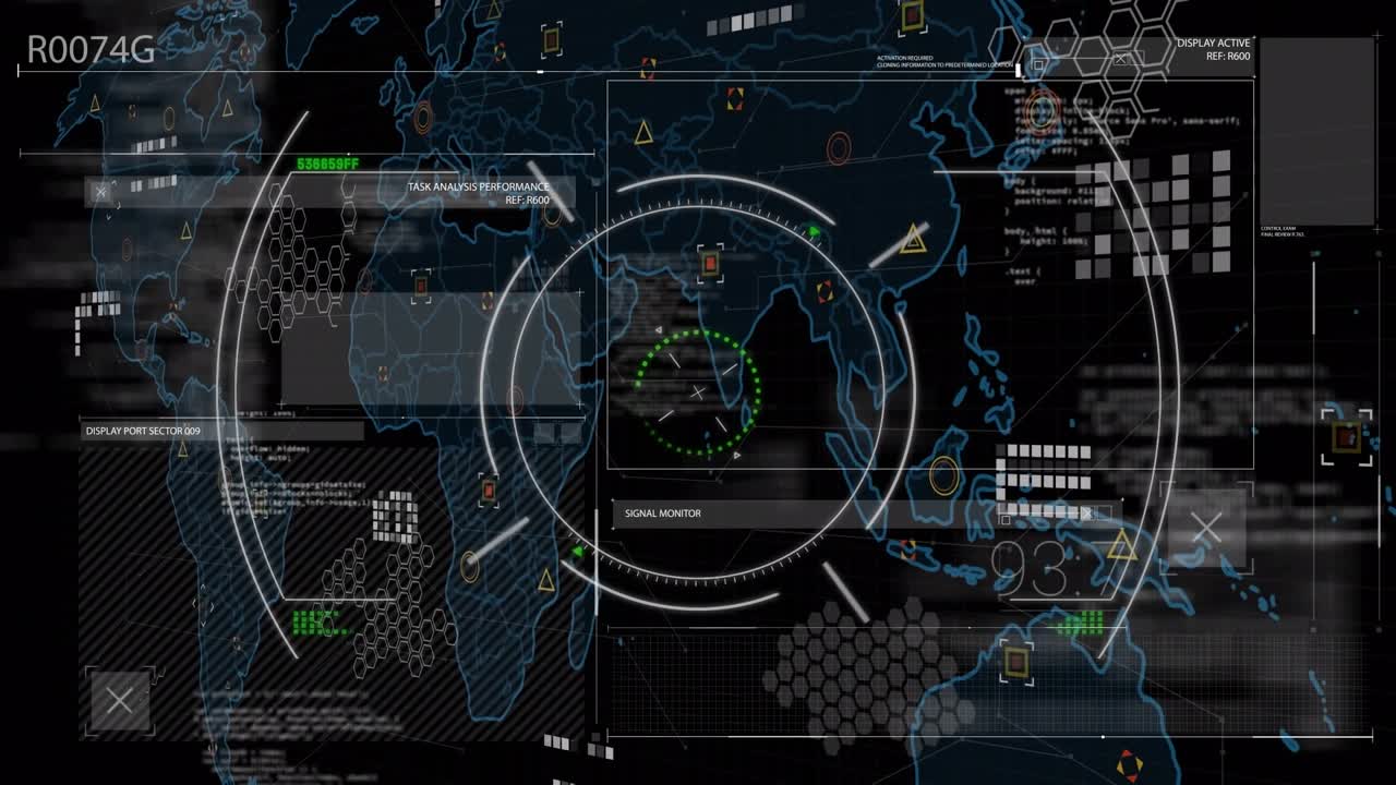Animation av cirklar på en karta, hexagonmönster och programmeringsspråk mot svart bakgrund.