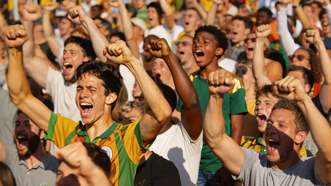 Adolescente de pie con camiseta verde y dorada gritando tras una gran jugada, desatando vítores entre las camisetas en las gradas.