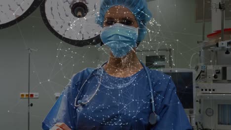Animation-of-globe-with-network-of-connections-over-female-surgeon-in-operating-theatre