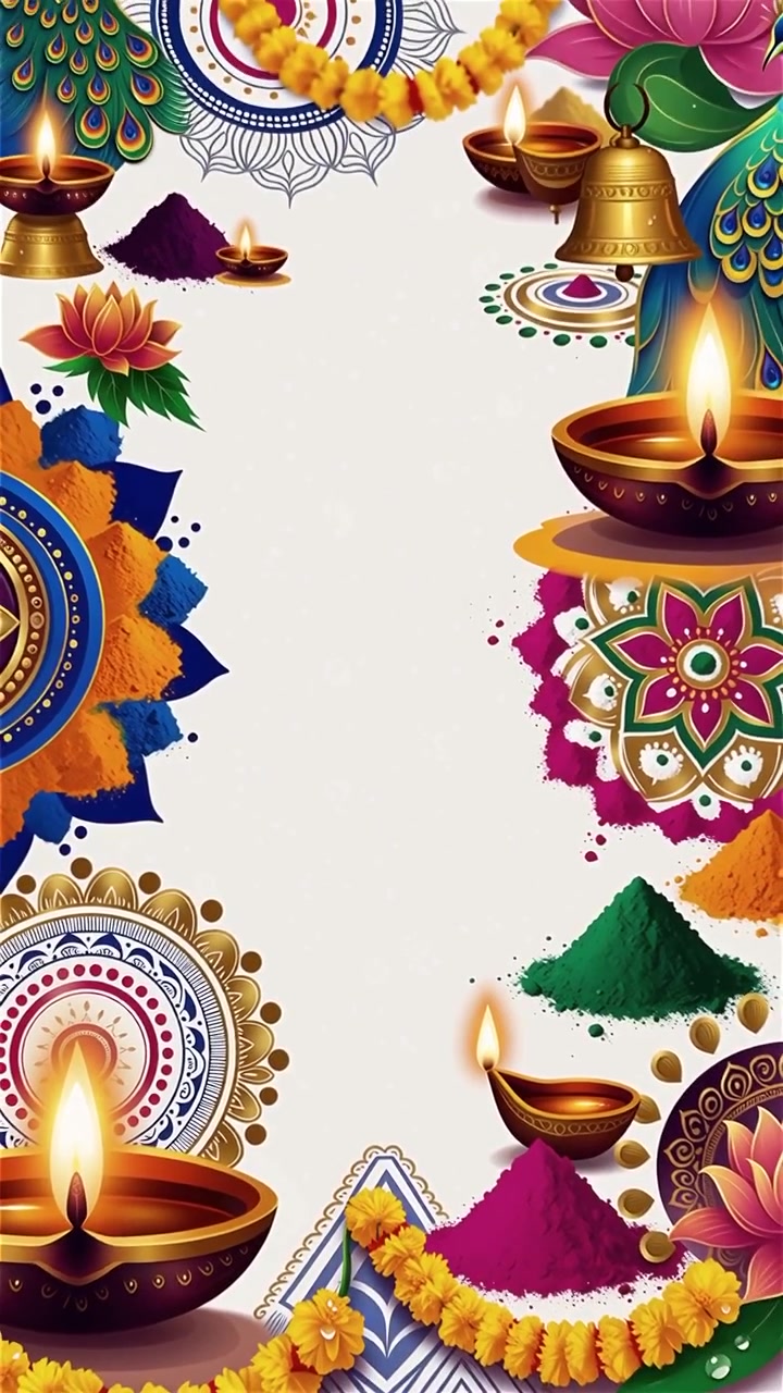 Sfondo Diwali con Diyas luminosi, Rangoli e fiori di loto